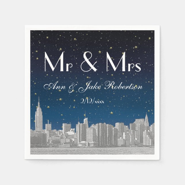 Etched NYC Skyline Blue Starry Wedding Napkin (Front)