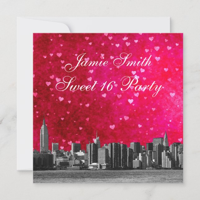 Etched NYC Skyline Hot Pink Red Heart Sweet 16 Invitation (Front)