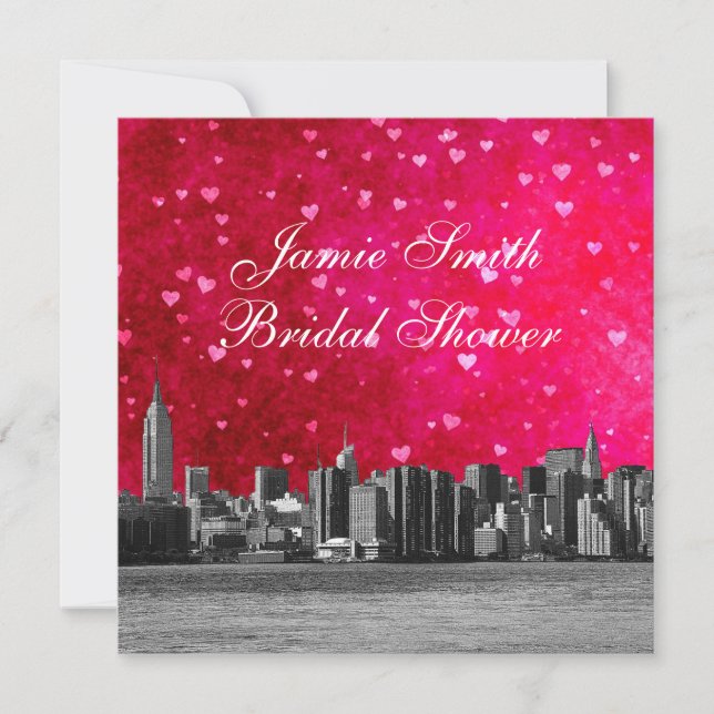 Etched NYC Skyline Hot Pink Red Hrt Bridal Shower Invitation (Front)
