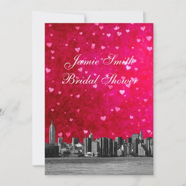 Etched NYC Skyline Hot Pnk Red Hrt Bridal Shower V Invitation (Front)