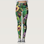 Etched Tropical Flower Pattern Yellow Pink Black Leggings<br><div class="desc">Kick back in these super fun leggings featuring a pattern of hibiscus flowers,  birds of paradise and palm ferns. Perfect for a special event,  workout at the gym,  tropical vacation or festival.</div>