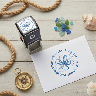 Etched Vintage Octopus Round Return Address Stamp