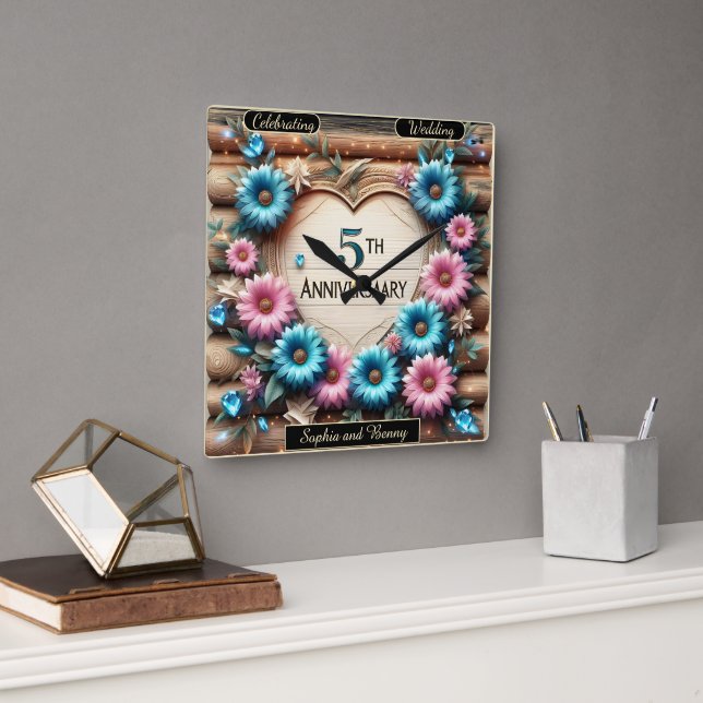 Eternal Bloom 5th Anniversary Floral Celebration Square Wall Clock (Office)