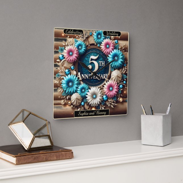 Eternal Bloom: Rustic Fifth Anniversary Design Square Wall Clock (Office)