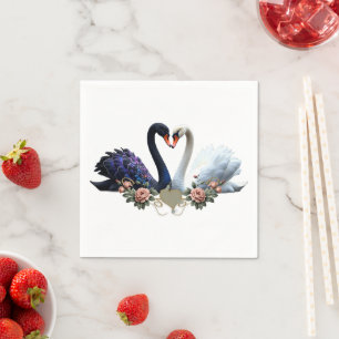 Eternal Bond, Black and White Swans in Love.  Napkin