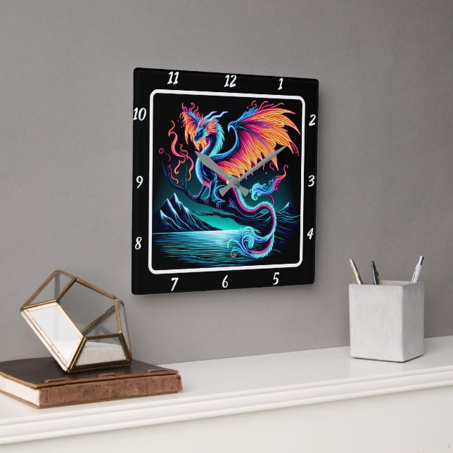 Eternal Bright Neon Dragon  Square Wall Clock (Office)