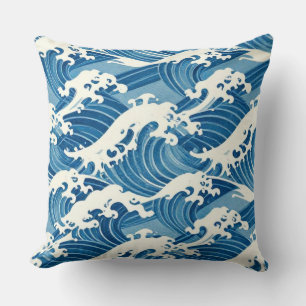 Eternal Cerulean Tide: A Seamless Japanese Ukiyo-e Cushion