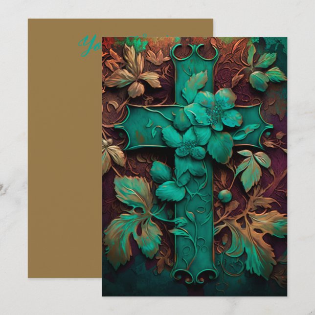 Eternal Faith - A Timeless Verdigris Cross Holiday Card (Front/Back)