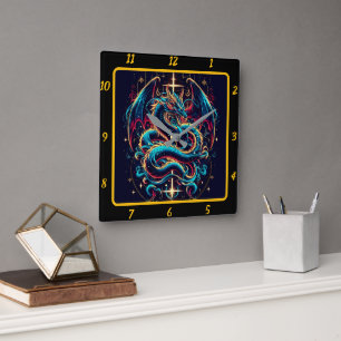 Eternal Flame and Dragon Cross Square Wall Clock