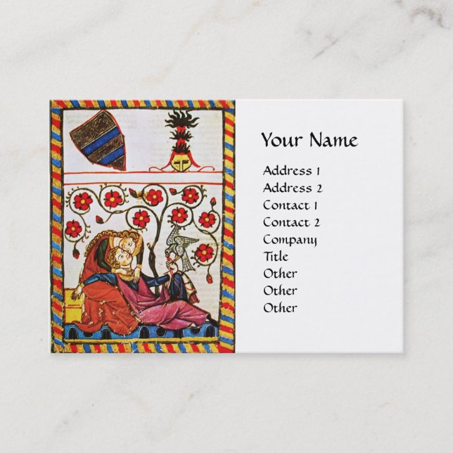 ETERNAL LOVE,Mediaeval Lovers Red Roses White Business Card (Front)