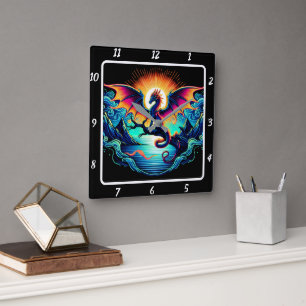 Eternal Neon Dragon Spirit Square Wall Clock
