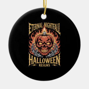 Eternal Nightfall Halloween Skull Pumpkin Ceramic Ornament