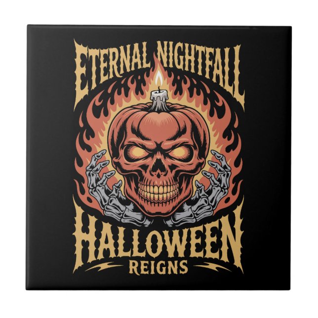 Eternal Nightfall Halloween Skull Pumpkin Ceramic Tile (Front)