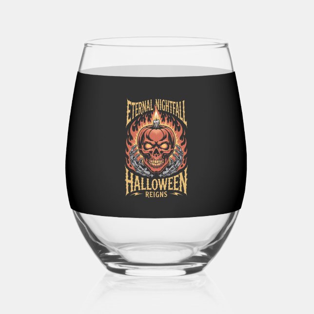 Eternal Nightfall Halloween Skull Pumpkin Stemless Wine Glass (Front)