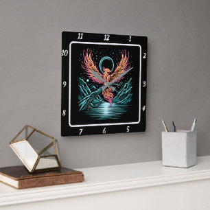 Eternal Phoenix Over Distant Peaks Square Wall Clock