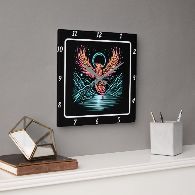 Eternal Phoenix Over Distant Peaks Square Wall Clock (Office)