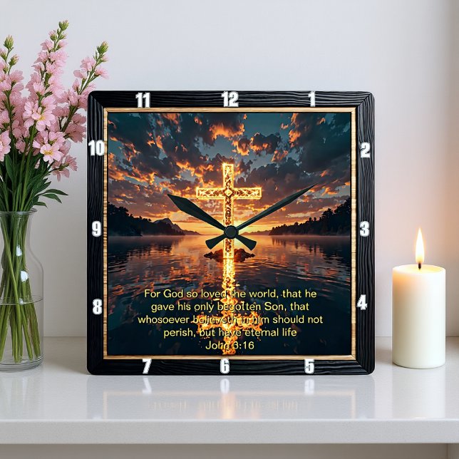Eternal Promise The Cross Rock Island John 3:16  Square Wall Clock (Creator Uploaded)