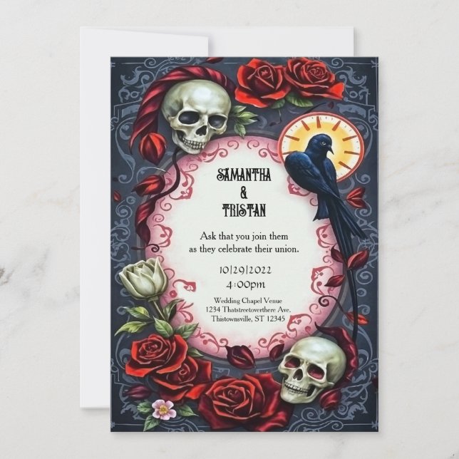 Eternal Raven and Skulls Gothic Vintage Wedding Invitation (Front)