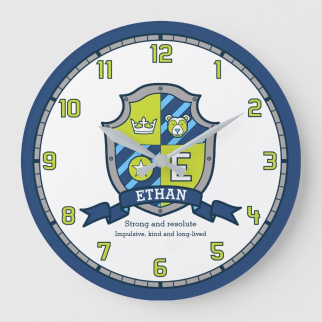 Ethan boys name meaning green blue bear shield large clock (Front)