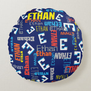 Ethan custom name pixel E gaming blue graphic Round Cushion