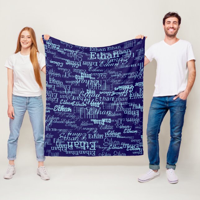 Ethan Custom Name Repeated all over Blue Fleece Blanket (In Situ)