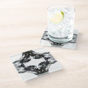 Ethereal Abstract Black on White Fluid Art Glass Coaster