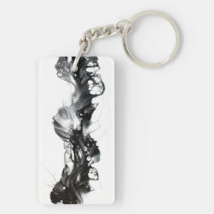Ethereal Abstract Black on White Fluid Art Key Ring