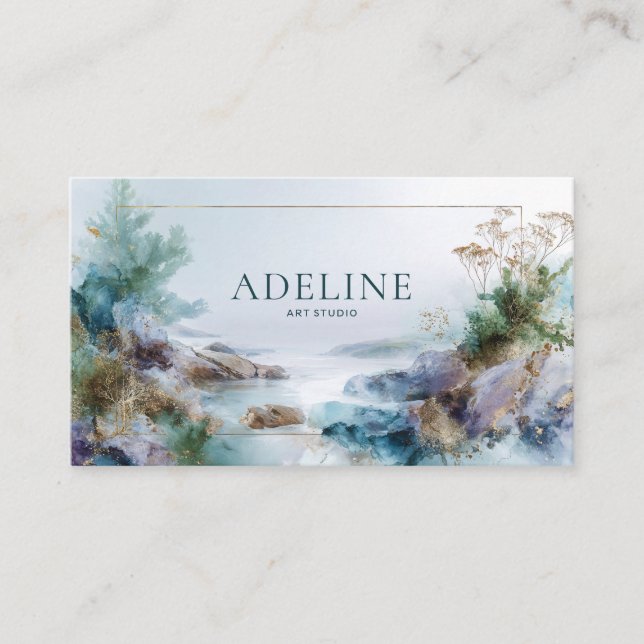 Ethereal Abstract Coastline Gold and Teal Business Card (Front)
