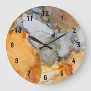 Ethereal Abstract Orange Grey Gold Art Large Clock