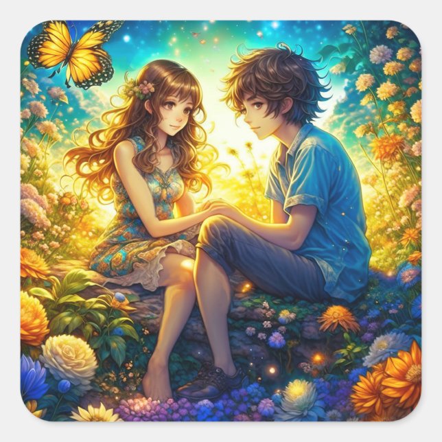 Ethereal Anime Boy and Girl in Love Square Sticker (Front)
