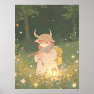Ethereal Anime Girl with Horns in Whimsical Meadow Poster