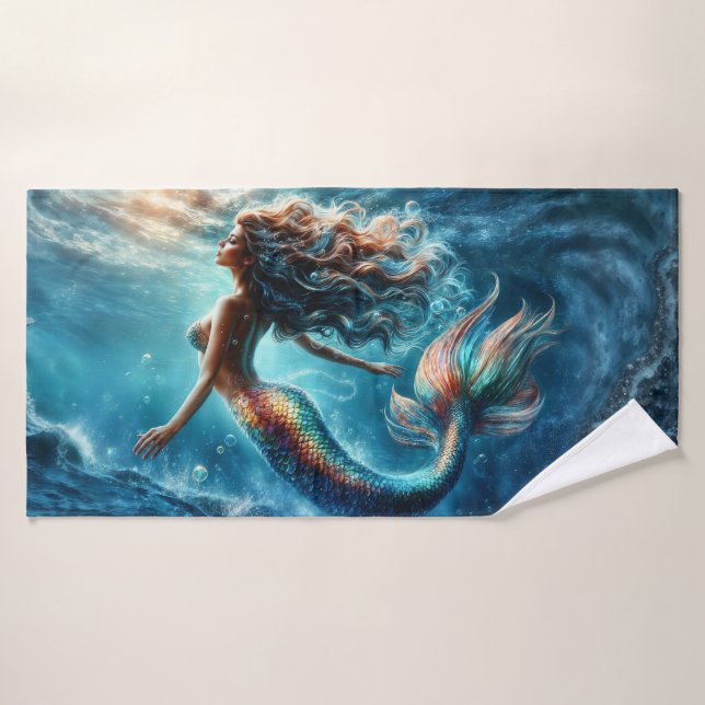 Ethereal aquatic mermaid beauty in deep blue bath towel (Bath Towel)