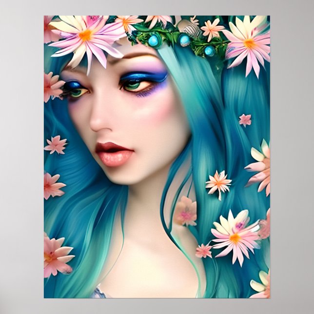 Ethereal Art | Beautiful Fairy with Blue Hair Poster (Front)