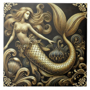 Ethereal Baroque Golden Mermaid Ceramic Tile