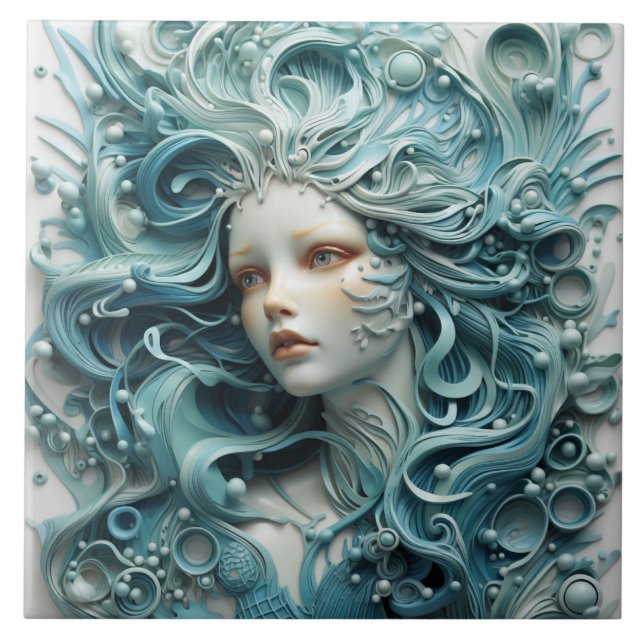 Ethereal Beauty, Detailed Blue-haired Mermaid Ceramic Tile (Front)