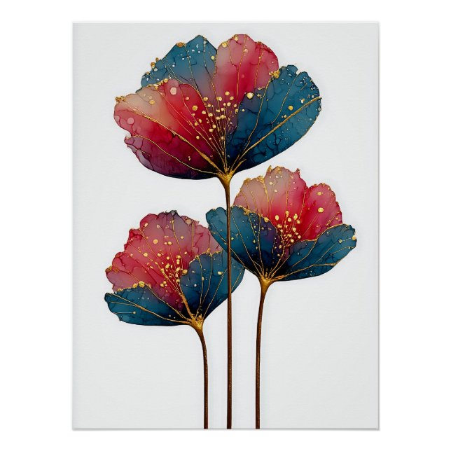 Ethereal Bloom: Crimson & Cobalt Petals Poster (Front)