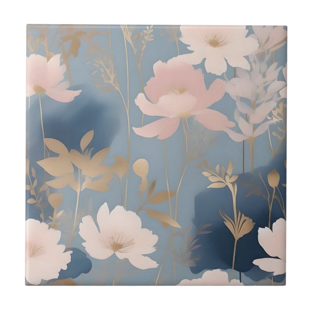 Ethereal Blooms Muted Pink and Blue Ceramic Tile (Front)