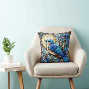 Ethereal Blue Bird Perched on Window Cushion
