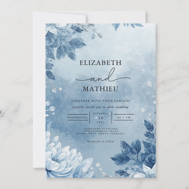 Ethereal Blue Botanical Romance Wedding Invitation (Front)