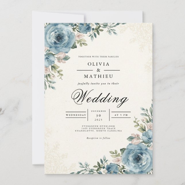 Ethereal Blue Botanical Romance Wedding Invitation (Front)