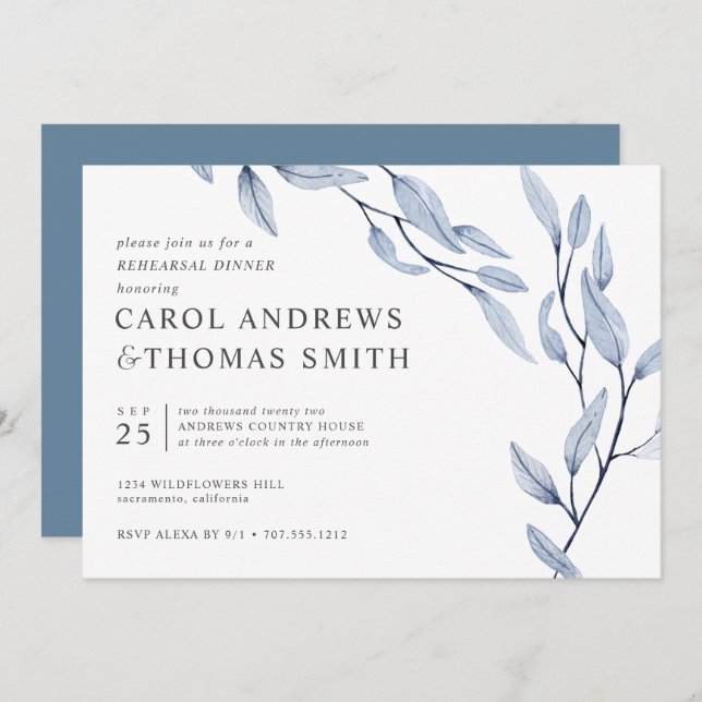 Ethereal Blue | Chic Botanical Rehearsal Dinner Invitation (Front/Back)