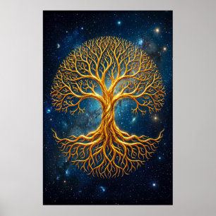 Ethereal Blue Cosmic Tree Of Life Glowing Mystic Poster