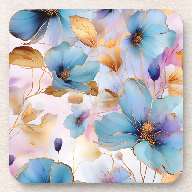 Ethereal Blue Flowers in Soft Pastels Alcohol Ink Coaster (Front)