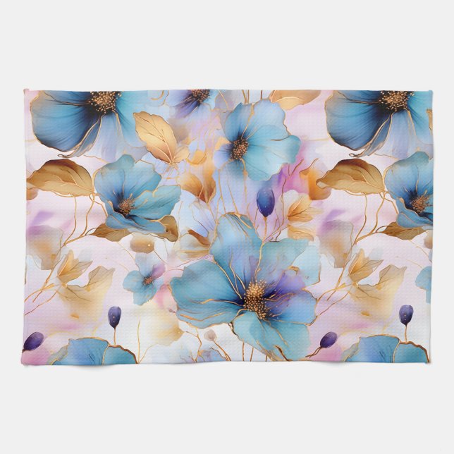 Ethereal Blue Flowers in Soft Pastels Alcohol Ink Tea Towel (Horizontal)