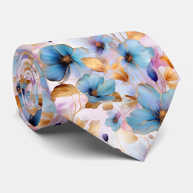 Ethereal Blue Flowers in Soft Pastels Alcohol Ink Tie (Rolled)
