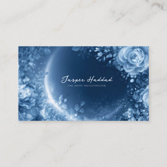 Ethereal Blue Rose Floral Glowing Cosmic Night Business Card (Front)