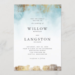 Ethereal Blue Watercolor and Gold Wedding Invitation
