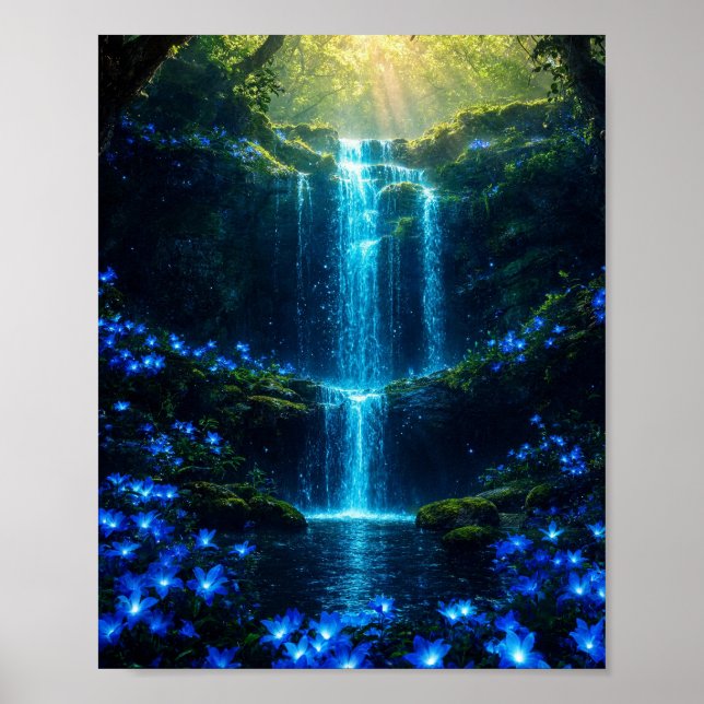 Ethereal Blue Waterfall: Magical Forest Oasis Poster (Front)