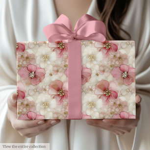 Ethereal blush and gold floral birthday wrap roll wrapping paper