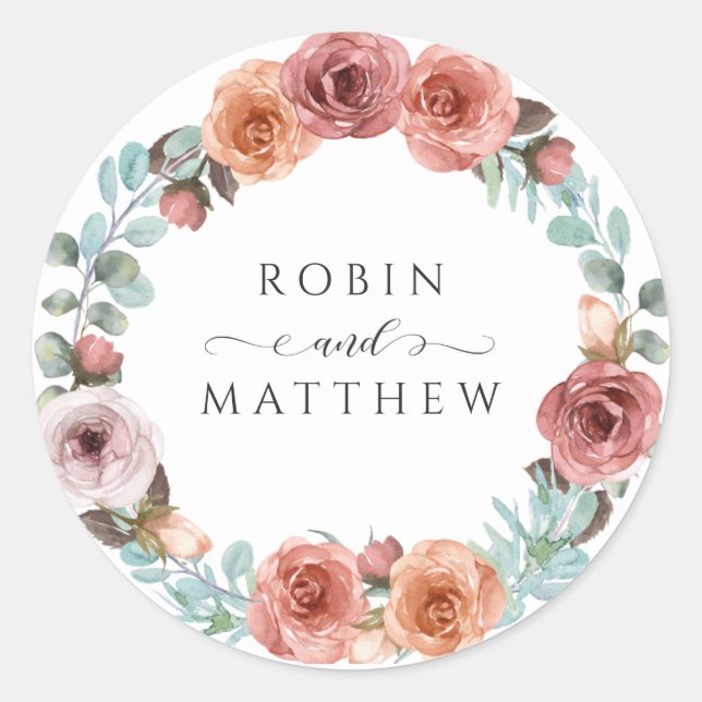 Ethereal Blush Peach Floral Wedding Classic Round Sticker (Front)